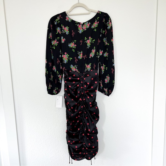 NWT For Love & Lemons Wilson Print Ruched Midi Dress in Polka Dots & Floral - Picture 5 of 10